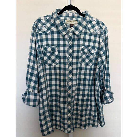 Bit & Bridle Tops - Bit & Bridle Plaid Western Shirt Womens Size 3X Embroidered Flannel Pearl Snap